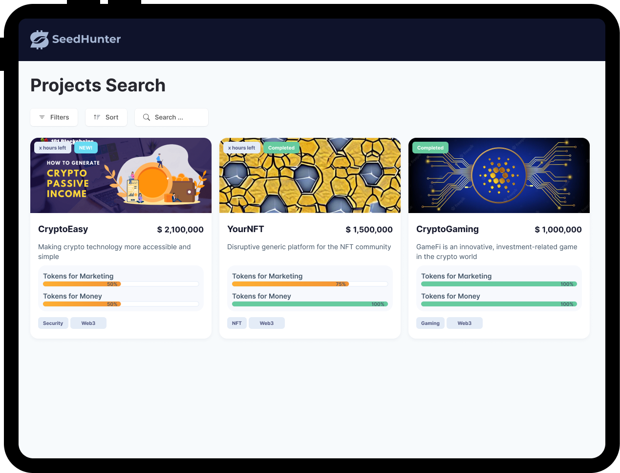 Platform screenshot showing the project search page: find high potential web3 projects